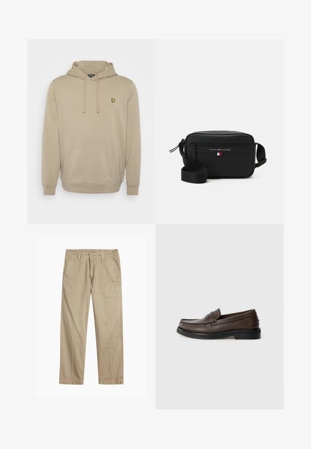 Lyle & Scott Pulover s kapuco - sage; Bežne bež hlače ravnega kroja z zanko za pas, sprednjim gumbom in zadrgo ter bočnimi žepki.; Rjava usnjena loaferica z všitim detajlom na prstu, ravnim podplatom in nizkim zloženim peto. Gladek tekstura z minimalističnimi oblikovnimi elementi.; Črn crossbody nahrbtnik iz teksturiranega materiala, ki ima zadrgo, prilagodljiv trak in logotip s tricolornim poudarkom.