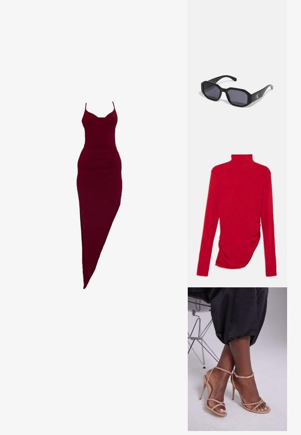 Červený dlhý rukáv rolák vyrobený z ribovaného materiálu s naťahovaním na boku, ponúkajúci priliehavý strih a hladkú textúru.; Burgundská priliehavá šaty s tenkými ramienkami, s bočným rozparkom a skladaním v oblasti pásu, vyrobené z elastického materiálu.; Béžové sandále na opätku s kryštálovými ozdobami, s otvorenou špičkou, tenkými popruhmi a elegantným siluetou.; Čierne slnečné okuliare s osemhranným rámom, tmavými šošovkami, lesklým plastovým materiálom a strieborným logom na jednej strane.; Michael Kors zápästná taška v béžovej potiahnutej plátenej tkanine s opakujúcim sa vzorom loga MK, zlatým kovania a odnímateľným reťazovým popruhom.; Zlaté kovové náušnice s vlnitým dizajnom; hladký, reflexný povrch; asymetrický tvar; žiadne viditeľné vzory alebo hardvér.