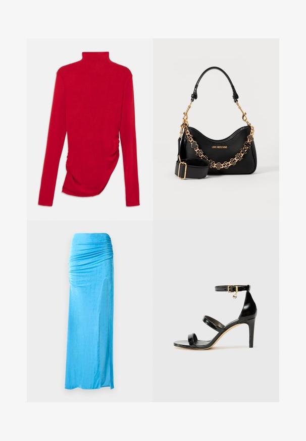 Punane pikka varrukatega kõrge kaelusega topp, mis on tehtud ribakanga materjalist, külgedel kogumise detailidega, omab lähedalt istuvat siluetti ja siledat tekstuuri.; Sinine veluurist maxi-seelik, millel on kogutud detailid taljes, külgslit ja sile tekstuur, mis loob voolava silueti.; Must musta nahk sandaal kolme rihmaga, pahkluu vööga ja 4-tollise stilettakontsaga. Omab kuldset detaili ja logovõtit.; Must musta nahkadan kott, millel on kaarjas kuju, kuldne aheladetail ning brändi logo. Sisaldab eemaldatavat õlavarre rihma.