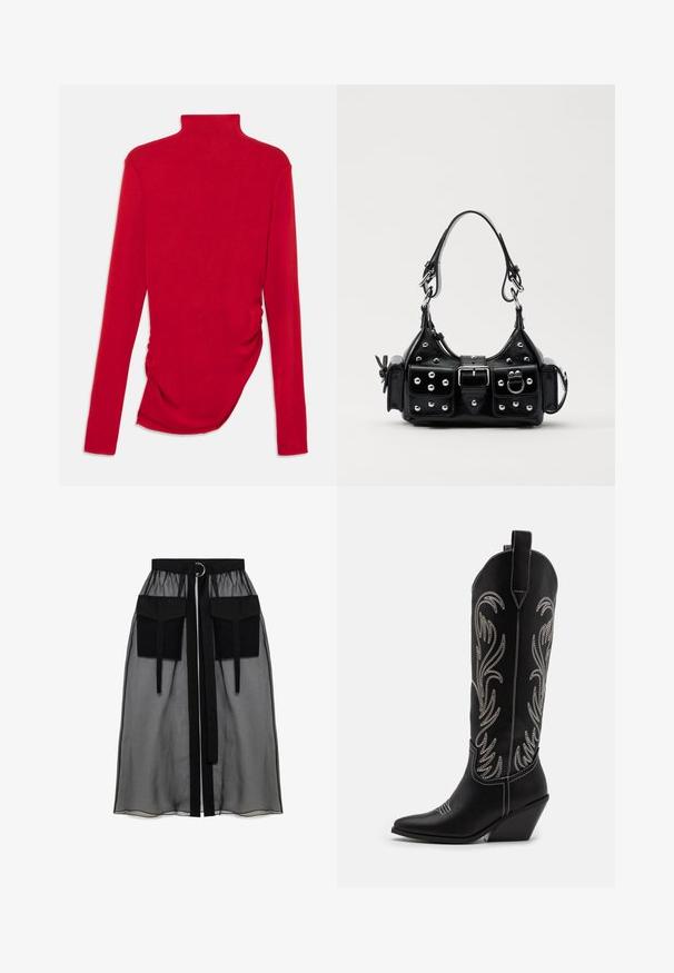 Piros, hosszú ujjú, garbós felső, bordás anyagból, oldalán gyűrt részletekkel, karcsú szabással és sima textúrával.; Fekete áttetsző szoknya ráncolt derékrésszel, két nagy elülső zsebbel, derékpánttal és kör alakú fém díszítéssel.; Fekete bőr cowboy csizmák hegyes orral, wedge sarkakkal és ezüst hímzett virágmintákkal a szár mentén. Kontraszt varrás az egész csizmán.; Fekete bőr kézitáska ívelt designnal, ezüst szegecsekkel, csattal és két oldalsó zsebbel. Állítható vállpánt a hordozási lehetőségekhez.