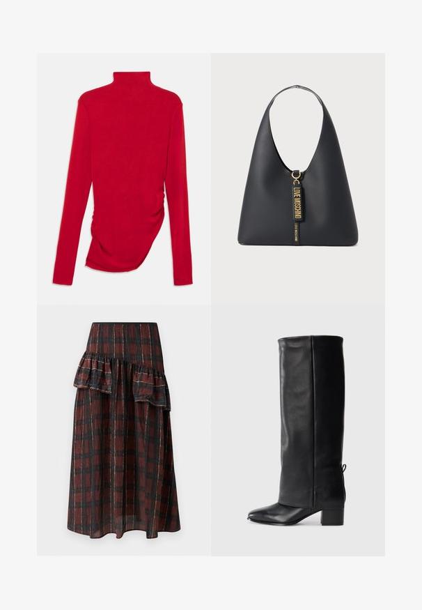Piros, hosszú ujjú, garbós felső, bordás anyagból, oldalán gyűrt részletekkel, karcsú szabással és sima textúrával.; Sötétvörös és fekete kockás mintájú maxi szoknya, amely a deréknál réteges fodrokkal rendelkezik, könnyű és puha tapintású anyagból készült.; Fekete bőr, térd fölé érő csizmák sima felülettel, négyzetes orral, tömbsarkal és oldalsó kötőelemmel az állítható illeszkedésért.; Fekete bőr válltáska széles pánttal, aranyszínű fémrészletekkel és két akasztott címmel, amelyeken arany betűkkel a "LOVE MOSCHINO" felirat található.