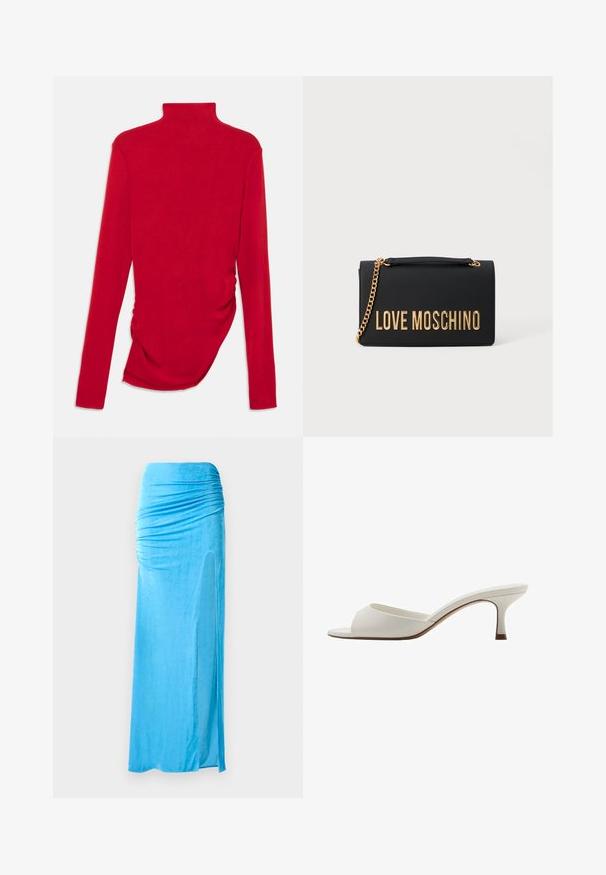 Rdeča dolgarokavna majica z digo iz rebraste tkanine z naborki na strani, ki ima prilegajočo se silhueto in gladko teksturo.; Modra brezrokavnica iz mehkega, teksturiranega blaga. Ima visok ovratnik in asimetričen dizajn z nabranimi detajli na eni strani.; Modra velvet maxi krilo z nabranimi detajli na pasu, s stranskim razporkom in gladko teksturo za tekoč silhueto.; Bele odprte visoke petke z gladko površino, minimalističnim oblikovanjem in vitko peto, ki ima subtilen rjav odtenek na podplatu.; Črna torbica iz umetnega usnja z zlatim napisom "LOVE MOSCHINO". Ima zlatno verižico in strukturirano pravokotno obliko.