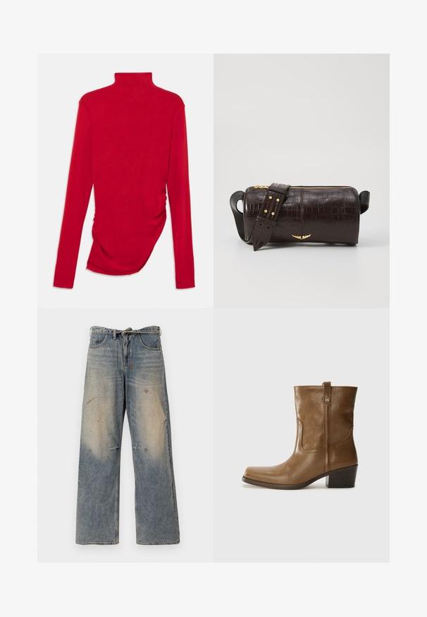 Czerwona, długa bluzka z golfem z prążkowanej tkaniny, z marszczeniami po bokach, o dopasowanym kroju i gładkiej fakturze.; Jasnoniebieskie dżinsy z luźnym krojem prostym. Posiadają efekty przetarć, blaknięcia oraz postrzępienia w okolicy kolan. Klasyczny pięciopocketowy styl.; Brązowy skórzany botek za kostkę z kwadratowym noskiem, teksturowanym wykończeniem i niskim, zakrytym obcasem. Posiada tylną pętelkę do zakładania oraz subtelne detale przeszycia.; Brązowa torba ze skóry z tłoczeniem krokodyla w kształcie cylindrycznym, z metalowymi elementami w kolorze złotym oraz odczepianym paskiem z ćwiekami.
