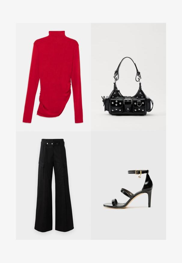 Sark ar garām piedurknēm sarkanas krāsas zīmuļa kaklā, izgatavota no ribotas auduma ar savākumu detaļām sānos, piedāvājot pieguļošu siluetu un gludu tekstūru.; Melni plats kāju bikses ar augstu jostasvietu, kas aprīkotas ar lielām sānu kabatām, divām priekšējām pogām un cilpas detaļu. Izgatavotas no izturīga auduma.; Melnas lakota ādas sandalēs ar trim siksnām, potītes sprādzi un 4 collu stiletto papēdi. Iespējas ar zelta detaļām un logotipa piekariņu.; Melnas ādas rokturmais ar izliekumu, ar sudraba iedurtiem, sprādzi un divām sānu kabatām. Regulējams siksniņas garums dažādām nēsāšanas iespējām.