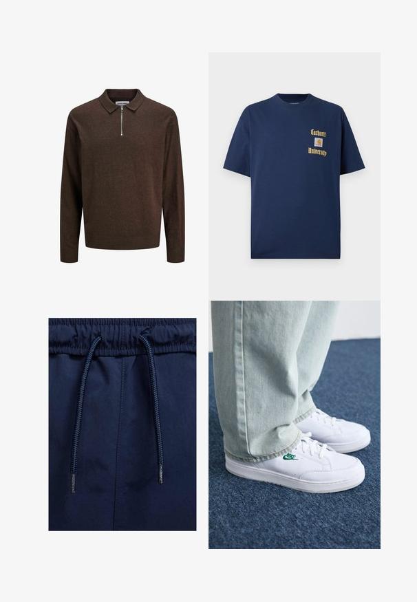 Ciemnobrązowy sweter z długim rękawem i kołnierzykiem, z zamkiem błyskawicznym na pół z przodu, żebrowanymi mankietami i dołem, oznaczony marką JACK & JONES.; Granatowa bawełniana koszulka z krótkim rękawem, z złotym napisem "Carhartt University" oraz naszywką z logo na lewej piersi.; Granatowe szorty zakładane na gumce, z teksturowanym sznurkiem i gładkim materiałem.; Białe skórzane sneakersy z zielonym logo Nike, okrągły czubek, płaska podeszwa, zestawione z jasnoniebieskimi dżinsami, pokazane na niebieskim dywanie.