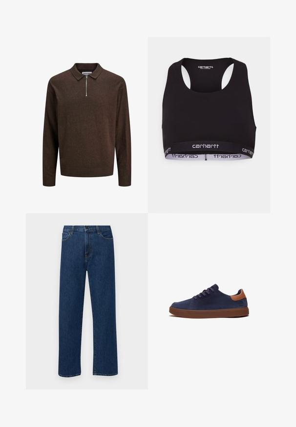 Ciemnobrązowy sweter z długim rękawem i kołnierzykiem, z zamkiem błyskawicznym na pół z przodu, żebrowanymi mankietami i dołem, oznaczony marką JACK & JONES.; Czarny stanik sportowy z okrągłym dekoltem i konstrukcją na plecach typu racerback. Posiada wzmocniony pas z białym logo "carhartt". Miękka tekstura materiału.; Granatowe dżinsy prostego kroju z kieszeniami z przodu i zapięciem na guzik, zaprezentowane na jednolitym białym tle.; Granatowe zamszowe sneakersy z brązowym skórzanym akcentem na pięcie, okrągłym czubkiem i brązową gumową podeszwą. Zawierają sznurowadła i minimalne logo po boku.
