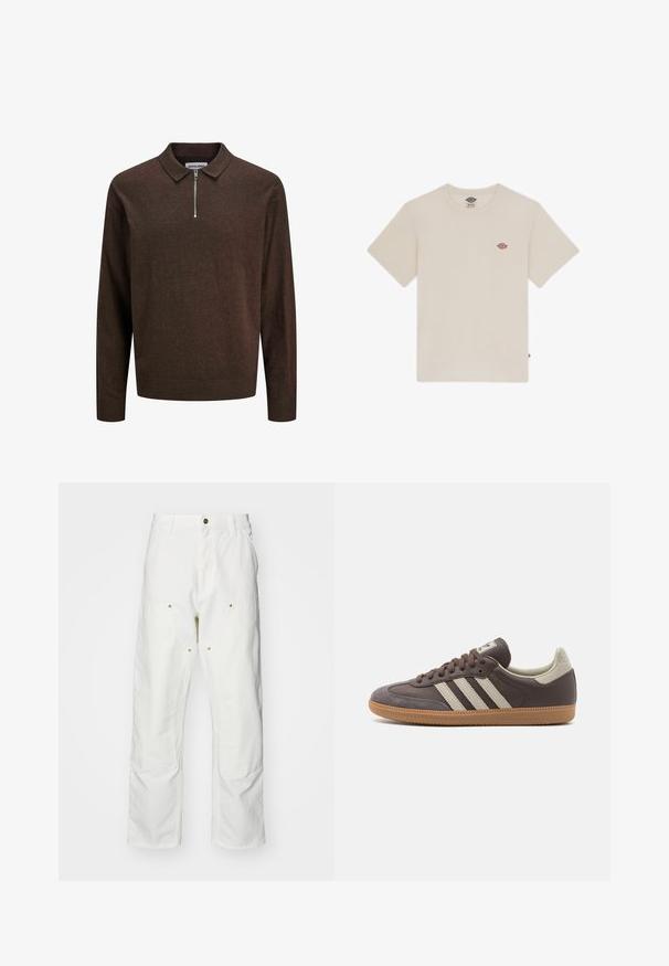 Tummanruskea pitkähihaista neulepuseroa, jossa on kaulus ja etuosa puolivälin vetoketju, ribbineuleiset hihansuut ja helma, merkitty JACK & JONES.; Kerman värinen puuvillapaita, jossa on lyhyet hihat, pyöreä kaula-aukko ja pieni monivärinen brodeerattu logo rinnassa.; Valkoiset puuvillaiset cargo-housut, joissa on rento istuvuus. Ominaisuuksiin kuuluvat etutaskut, kultaiset yksityiskohdat ja vahvistetut polviosat.; Ruskeahuiset lenkkarit, joissa on kolme lyhyttä vaaleaa raitaa, kuminen pohja, pyöreä kärki ja teksturoitu mokkanahkakoristelu kannassa ja kärjessä.