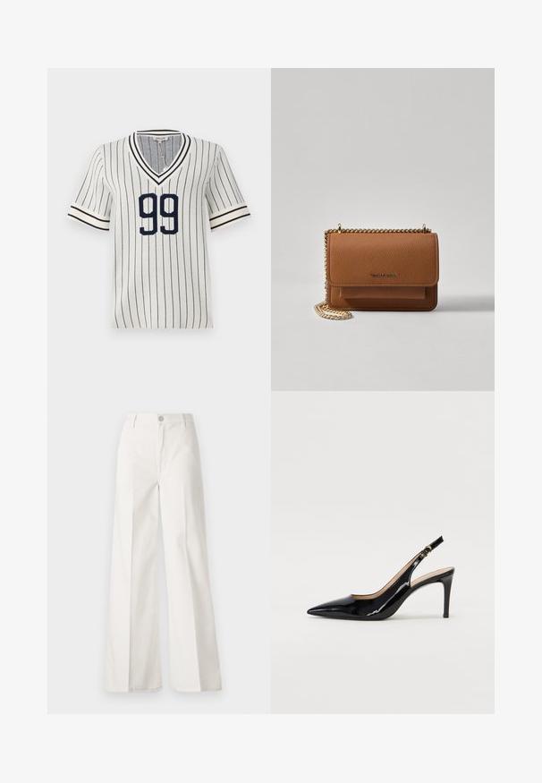 Ριγέ κοντομάνικο μπλουζάκι σε κρεμ και ναυτικό μπλε με V-λαιμόκοψη, που διαθέτει τον έντονο αριθμό "99" στο μπροστινό μέρος και αντίθετους ριγέ σφιγκτήρες.; Λευκά παντελόνια σε φαρδιά γραμμή, κατασκευασμένα από βαμβάκι με λεία υφή. Διαθέτουν μπροστινό κουμπί, φερμουάρ και τέσσερις τσέπες.; Μαύρη πατέν κλίνγκμπακ άντρες με μυτερή μύτη, λεπτό τακούνι και διακριτικό σχέδιο κοψίματος. Διαθέτει χρυσό κούμπωμα στη λωρίδα.; Καφέ δερμάτινη τσάντα χιαστί με υφή, με χρυσή αλυσίδα στον ιμάντα και κλείσιμο με καπάκι. Στο μπροστινό μέρος υπάρχει λεπτομέρεια με λογότυπο και μία τσέπη κάτω από το καπάκι.