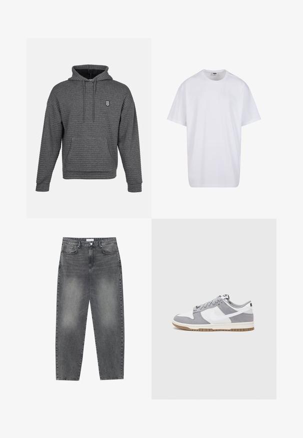 Šedá mikina s texturovaným, vaflovým pletením. Obsahuje přední kapsu, nastavitelnou kapuci se šňůrkou a malé vyšívané logo.; Bílé triko z bavlny s krátkým rukávem, kulatým výstřihem, volným střihem a bez viditelných log či vzorů. Hladká textura a minimalistický design.; Kalhoty s vysokým pasem, volného střihu, vyrobené z vybledlého černého denimu. Mají pět kapes, poutka na opasek a čistý, rovný střih nohavic.; Šedé a bílé tenisky s svrškem z jemné kůže a kůže, kulatou špičkou, plochými tkaničkami a gumovou podrážkou s akcentem v barvě gumy.