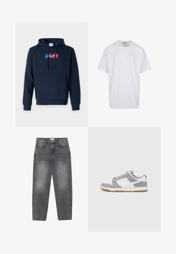 Navy blue hoodie with a front kangaroo pocket, drawstring hood, and logo in red and blue, featuring a soft, smooth texture and ribbed cuffs.; White cotton t-shirt with short sleeves, rounded neckline, relaxed fit, and no visible logos or patterns. Smooth texture and minimal design.; High-waisted, loose-fitting jeans in faded black denim. Features five pockets, belt loops, and a clean, straight leg design.; Gray and white sneaker with a suede and leather upper, rounded toe, flat laces, and a rubber sole featuring a gum accent.