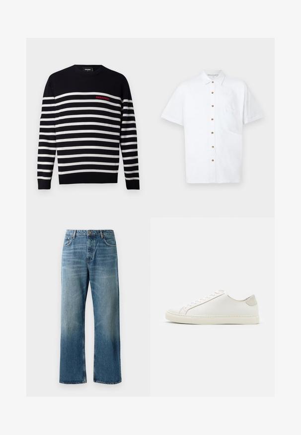Navy blue and white striped sweater with a round neckline, featuring a red "DSQUARED2" logo on the left chest. Soft knit texture.; White short-sleeve shirt made of linen, featuring a button-front closure, a chest pocket, and wooden buttons for accents.; Light blue wide-leg jeans with a faded wash, featuring single-button closure, five pockets, and contrasting stitching.; White leather sneaker with a smooth surface, round toe, and minimalistic design. Features beige accents on the heel and a rubber sole.