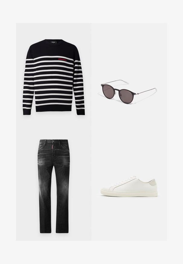 Laivastonsininen ja valkoinen raidallinen neulepaita, jossa on pyöreä kaula-aukko. Vasemmassa rinnassa on punainen "DSQUARED2" -logo. Pehmeä neuletekstuuri.; Musta puuvillapaita, jossa on pyöreä kaula-aukko, lyhyet hihat ja valkoinen "EMPORIO ARMANI" -logo, jonka yläpuolella on kaarevassa muodossa "Milano".; Mustat denimfarkut suoralla istuvuudella. Ominaisuuksiin kuuluu haalistuneita alueita, pieniä kulumia, klassinen viiden taskun malli sekä nappisulku.; Valkoinen nahkakengät, joissa on sileä pinta, pyöreä kärki ja minimalistiinen muotoilu. Varressa beige-yksityiskohtia ja kumipohja.; Musta pyöreä aurinkolasit tummilla linsseillä ja kapeilla metallikehyksillä. Sisältää kirkkaat temppelet ja hopeiset yksityiskohdat saranassa. Minimalistinen muotoilu.