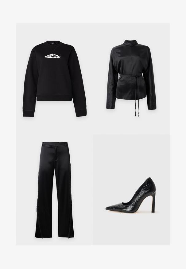 Mustapaita, jossa on pyöreä kaula-aukko, pitkät hihat ja valkoinen logo rintamalla. Valmistettu pehmeästä, teksturoidusta kankaasta.; Musta satiininen pitkähihainen paita, jossa on korkea kaulus, kireä vyötärö ja säädettävä nyöriyksityiskohta. Sileä rakenne kiiltävällä pinnalla.; Musta satiinifarkut leveillä lahkeilla, joissa on fringed yksityiskohtia sivusaumojen varrella ja tasainen vyötärönauha edessä. Takana pelkistetty ilme ilman taskuja.; Musta kapea nilkkakorkokenkä krokotiilin nahkakuviolla, joka on varustettu tyylikkäällä muotoilulla, korkealla stiletto-korkealla ja sileällä mustalla sisäosalla.