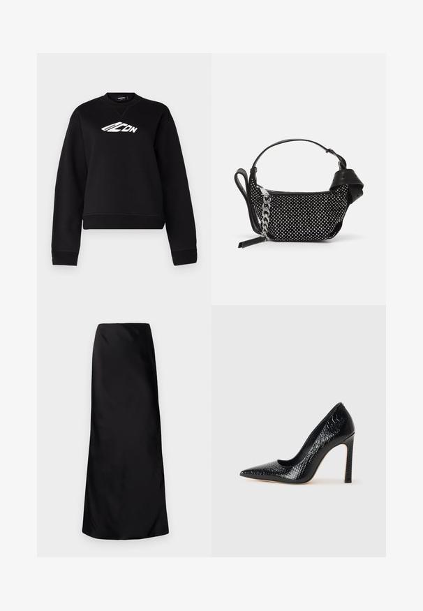 Sudadera negra con cuello redondo, mangas largas y un diseño de logo blanco en el pecho. Fabricada con una tela suave y texturizada.; Norma Kamali BIAS OBIE SKIRT - Falda larga - black; Zapato de tacón alto negro con punta afilada y textura de piel de cocodrilo, que presenta un diseño elegante, un alto tacón de aguja y un interior negro suave.; Bolso de mano negro con adornos de tachuelas, una correa de cadena y un asa de cuero suave, con forma redondeada y compartimento con cremallera.