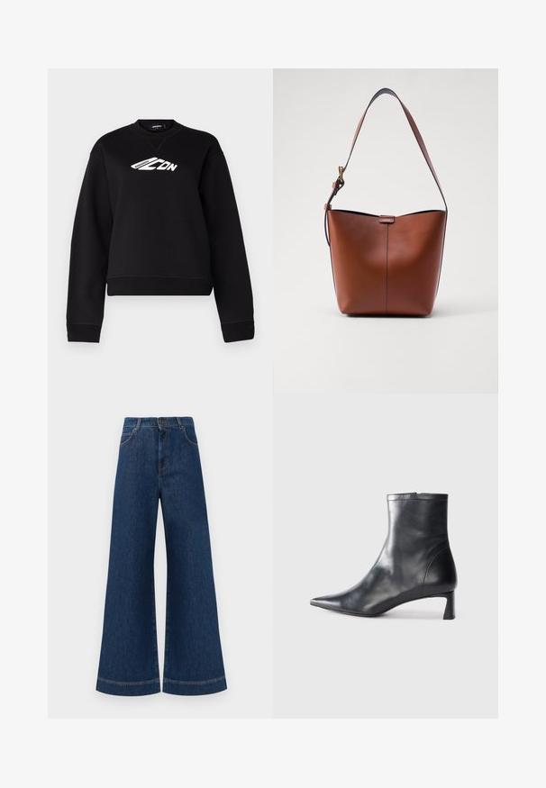 Mustapaita, jossa on pyöreä kaula-aukko, pitkät hihat ja valkoinen logo rintamalla. Valmistettu pehmeästä, teksturoidusta kankaasta.; Siniset farkut leveällä lahkeella ja korkealla vyötäröllä, jossa on nappikiinnitys, vyölenkit sekä huomaamattomat tikkaus yksityiskohdat taskuissa ja lahkeissa.; Musta nahkainen nilkkabotti, jossa on teräväkärkinen muotoilu ja tyylikäs design. Varusteena matala korko ja takana vetoketjukiinnitys. Sileä pinta.; Kahvinahkainen olkalaukku, jossa on kaareva muoto, sileä pinta ja yksi ohut hihna. Sisältää hienovaraisen sauman ja pienen logotarkin.