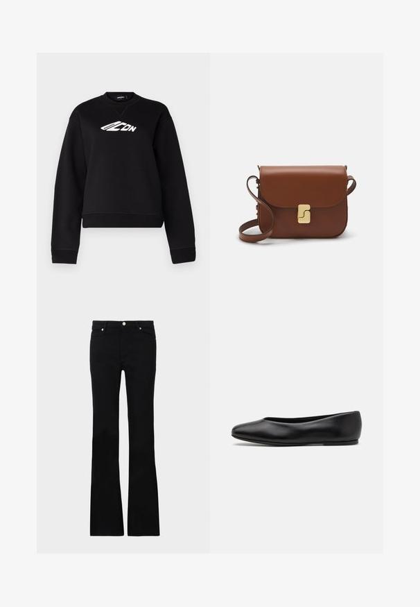 Mustapaita, jossa on pyöreä kaula-aukko, pitkät hihat ja valkoinen logo rintamalla. Valmistettu pehmeästä, teksturoidusta kankaasta.; Mustat levenevät farkut, valmistettu denimi- materiaalista, varustettu kahdella etutaskulla, napin sulkimella ja sileällä pinnalla. Alussa näkyviä erityisompeleita.; Paul Smith TOPANGA - Ballerinat - black; Ruskea nahkainen käsilaukku, jossa on läppäkiinnitys, kultasävyiset yksityiskohdat, olkahihna ja sileä pinta. Kompaktin suorakaiteen muotoinen.