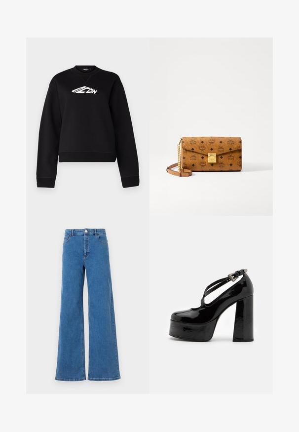 Zwarte sweatshirt met een ronde hals, lange mouwen en een wit logo ontwerp op de borst. Gemaakt van een zachte, gestructureerde stof.; Brede blauwe denim jeans met een hoge taille, voorzakken en een knoopsluiting. De stof heeft een gladde textuur en een klassiek stikselpatroon.; The Kooples CHAUSSURES - Hoge hakken - black; Bruine leren handtas met reliëf logo patroon, gouden hardware, opklapbare klep en een afneembare ketting- en leren schouderband. Afmetingen zijn niet gespecificeerd.