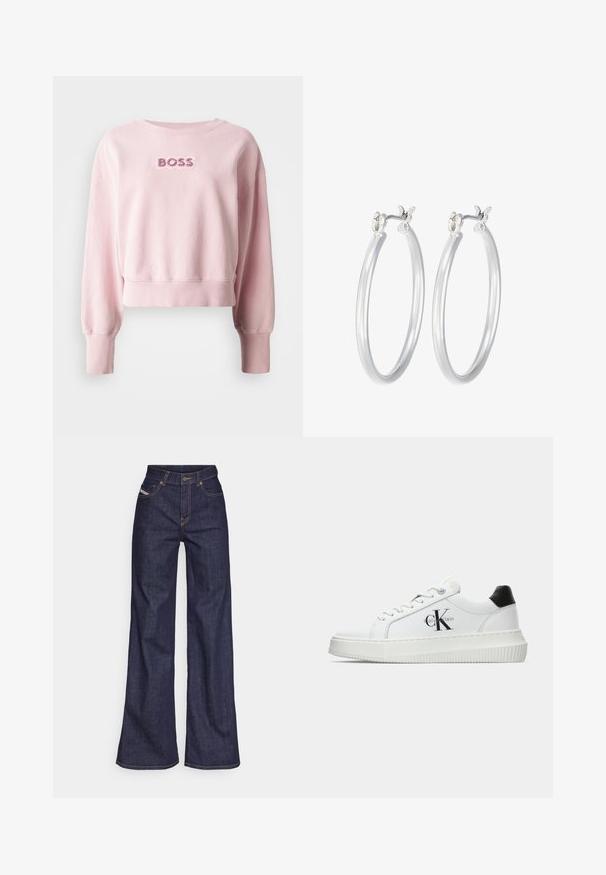 Roza skrajšana majica iz mehke bombažne tkanine. Ima okroglo ovratnico in dolge rokave z rebrastimi manšetami, okrašena z logotipom "BOSS".; Temno modri široki kavbojke iz denima z visokim pasom, ki imajo oranžne šive, pet žepov in gumba za zapiranje.; Bele nizke superge z črnim hrbtnim delom, platformo, vezalkami in Calvin Klein "CK" logotipom na strani.; Srebrni obroči za ušesa z gladko, polirano površino. Okrogla oblika in varna zaponka s klikom. Lahka zasnova, primerna za vsakodnevno nošenje.