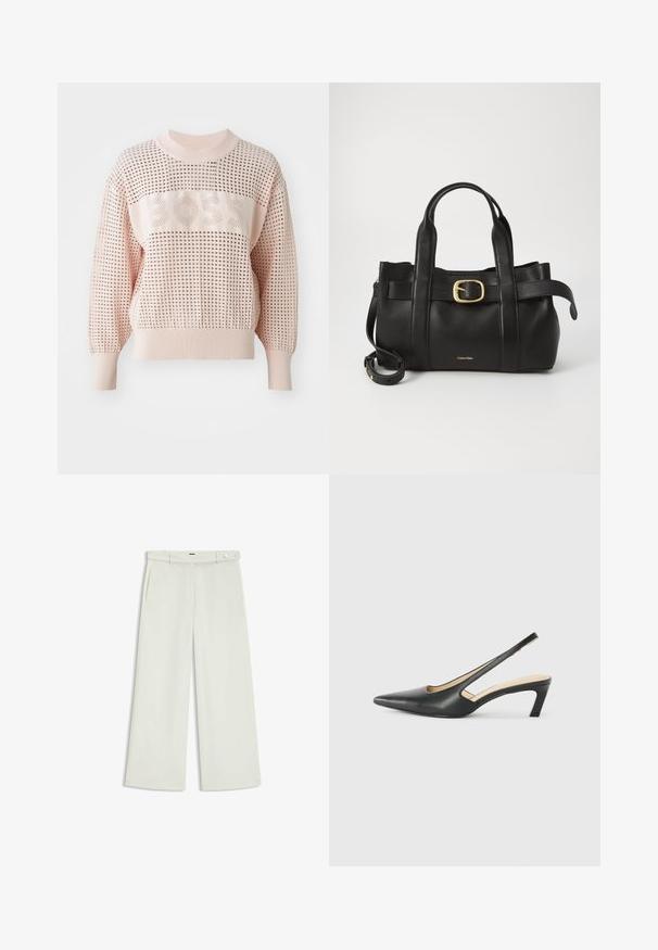 Pink knitted sweater with large open weave design, featuring a horizontal band with "BOSS" text in matching color. Ribbed cuffs and neckline.; Wide-leg pants in light cream fabric, featuring side pockets, a flat front, and a single button closure at the waist. Smooth texture.; Black pointy-toed slingback shoe with a low heel, featuring smooth leather material and cut-out design on the side for breathability.; Black leather handbag featuring a structured design, dual top handles, gold-tone buckle accent, and embossed brand logo at the front.