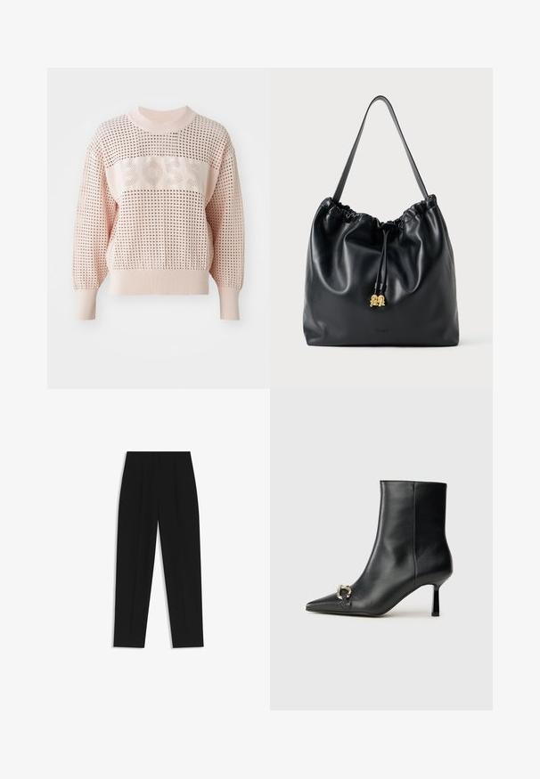 Różowy sweter z dzianiny o dużym otwartym splotzie, z poziomym pasem z napisem "BOSS" w dopasowanym kolorze. Rękawy i dekolt wykończone ściągaczem.; Czarne spodnie o prostym kroju, z podwójnymi zakładkami, gładką teksturą i klasycznym krojem w talii. Bez widocznych elementów metalowych ani akcentów.; Czarny skórzany botek za kostkę z szpiczastym noskiem, smukłym średnim obcasem i srebrnym zapięciem po boku na jednolitym tle.; Czarna skórzana torba na sznurku o gładkiej fakturze, zebranym topie i subtelnym złotym wykończeniu. Posiada pojedynczy mocny pasek oraz wytłoczone logo.