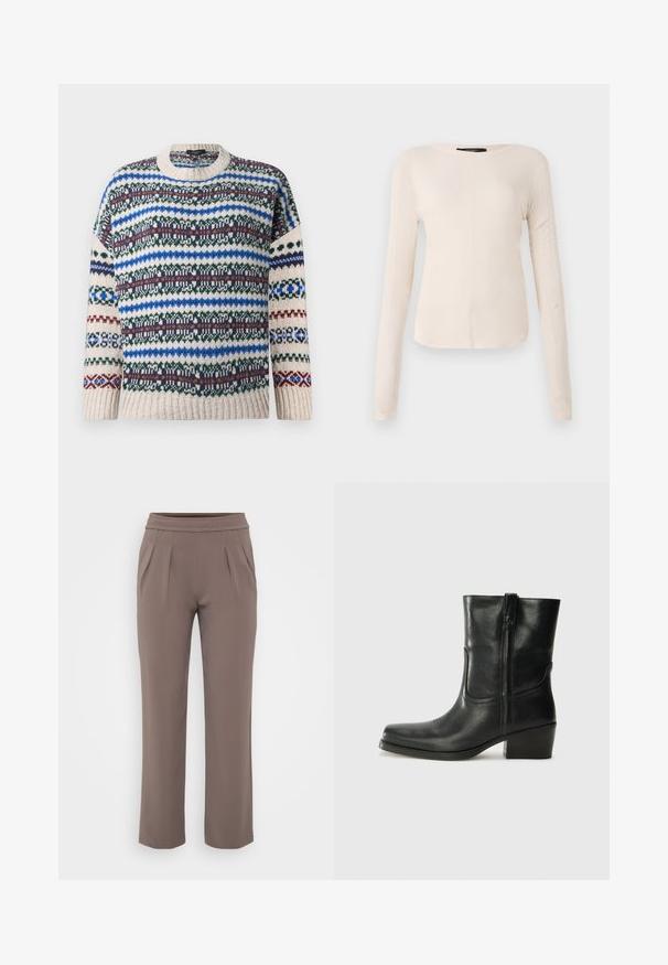 Knitted crewneck sweater with multicolored horizontal Fair Isle patterns in blue, green, maroon, and beige on long sleeves and body.; Long-sleeve, light beige top with a round neckline. Made of soft fabric, features a central seam and slightly curved hem. No visible hardware.; Taupe loose-fit trousers with elastic waistband and front pleats, made from smooth fabric.; Black leather ankle boot with a rounded toe, block heel, side zipper, and stitching accents on the vamp. Smooth texture, classic design.