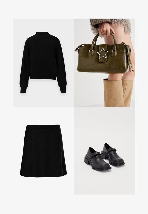 Svart strikkegenser med høy hals, senkende skuldre og lange ermer. Har ribbestrikkede mansjetter og kanten for en tettsittende look.; Svart skjørt med A-form og teksturert, mykt stoff. Har en innsvingt midje og en utsvungen silhuett, som gir et glatt og uformelt utseende.; Sorte lærersko med rund tå, flat såle og en rem med spenne-detalj. Kraftig blokkhæl for bedre stabilitet.; Oliven grønn faux lær håndveske med sølvstjerneakcent, doble håndtak og glidelåslukking. Teksturert overflate og strukturert form.
