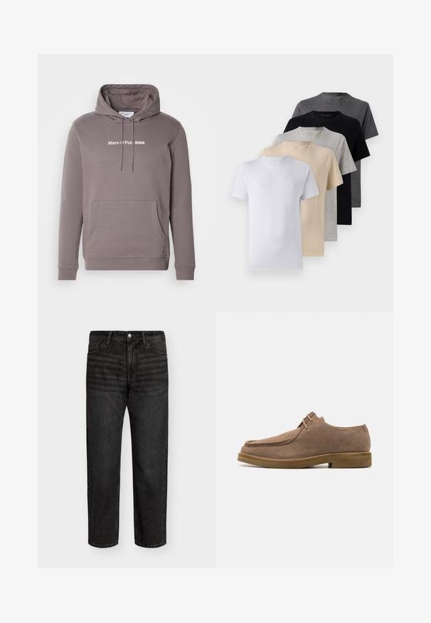 Felpa con cappuccio in cotone grigio misto, con tasca a kangaroo e polsini a costine. Presenta il testo bianco "Marc O'Polo DENIM" davanti.; Set di cinque t-shirt a manica corta in bianco, beige, grigio chiaro, grigio scuro e nero. Realizzate in cotone morbido, con design a girocollo.; Jeans in denim nero con taglio dritto, caratterizzati da vita media, cinque tasche e chiusura con bottone metallico. Texture liscia con leggere sfumature.; Zign LEATHER - Stringate sportive - taupe