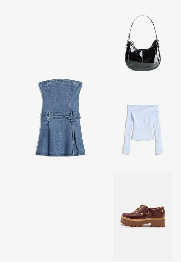 Světle modrý top bez ramínek s dlouhými rukávy a širokými manžetami, vyrobený z texturované látky s diagonálním designem na výstřihu.; Denimové šaty se strukturovaným korzetem, modré barvy, s rozšířenou sukní a skladovaným detailem. Obsahují nastavitelné páskové zapínání a zip.; Hnědé kožené boty na lodi s robustní hnědou gumovou podrážkou, zlatými očky a kontrastním prošíváním. Na boku se nachází logo.; Černá lakovaná kožená kabelka s zakřiveným designem, zipovým uzavřením a jedním ramenním popruhem, který má stříbrné kování a akcenty prošívání.