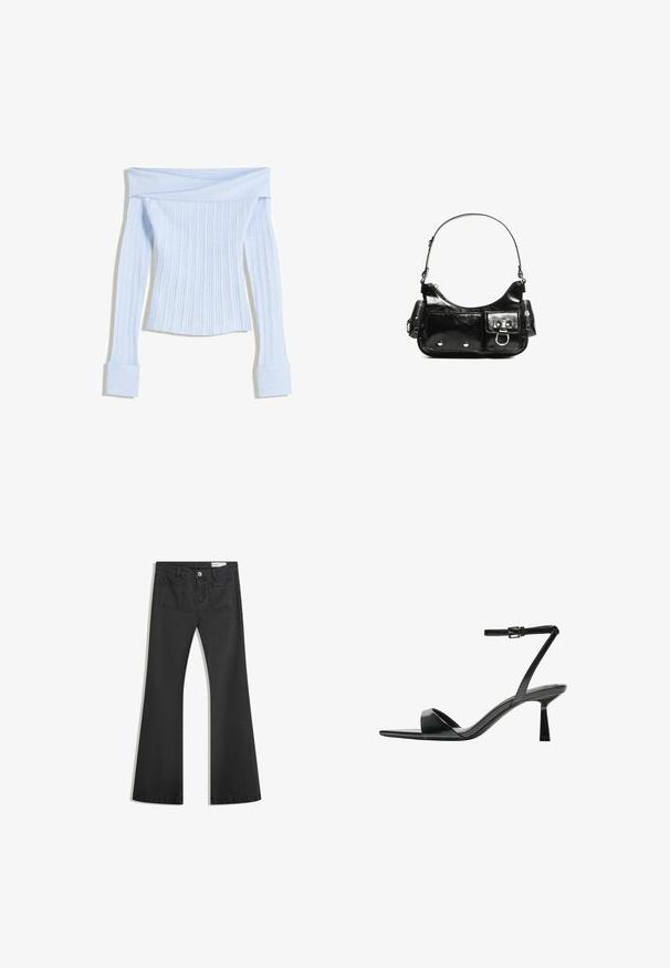 Bluză de culoare albastră deschisă, cu umerii goi, din material ribbed, cu mâneci lungi și manșete late, având un țesut texturat și un detaliu de design diagonal la decolteu.; Blugi negri evazați din denim cu o textură netedă, având două buzunare la spate și închidere cu buton la talie.; Bershka Sandale cu toc - black; Geantă de mână din piele lăcuită neagră, cu o formă curbată, un umăr, buzunare frontale și accente din metal argintiu.