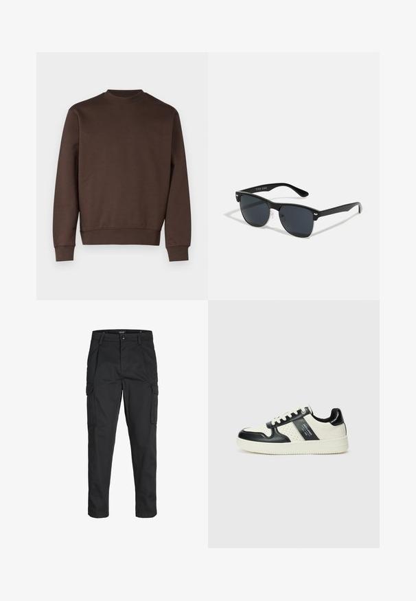 Felpa a girocollo marrone realizzata in un morbido misto cotone. Presenta polsini e orlo ribattuti, design semplice senza motivi o decorazioni.; Pantaloni cargo neri realizzati in un tessuto resistente, dotati di molteplici tasche, chiusura con bottone e un design aderente con gambe affusolate.; Sneakers in pelle con una combinazione di colori nero e crema, dotati di dettagli perforati, collare imbottito e suola testurizzata.; Occhiali da sole neri con forma rettangolare, lenti scure, dettagli in argento alle tempie e finitura opaca sulla montatura.