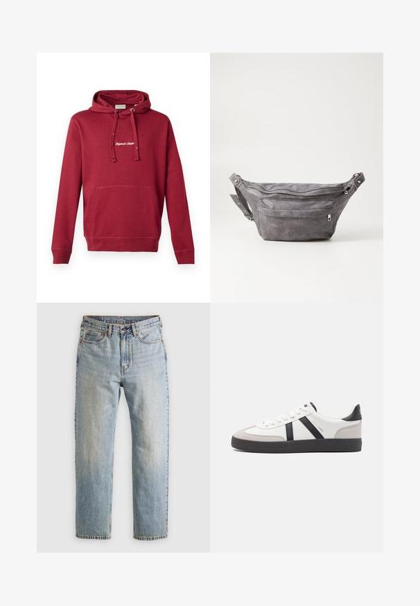 Felpa rossa in cotone con tasca frontale a marsupio, cappuccio con cordino, polsini a costine e logo ricamato "Originals Studio" sul petto.; Jeans in denim azzurro chiaro con vita alta, bottone anteriore, cerniera e design a cinque tasche, adagiati su uno sfondo neutro.; Sneaker bianco con accenti neri e grigi, dotata di una punta grigia testurizzata, suola in gomma nera e lacci bianchi piatti. Design pulito, stile minimalista.; Fanny pack in suede grigio con forma arrotondata, due scomparti con cerniera e tracolla regolabile. Presenta dettagli in metallo.