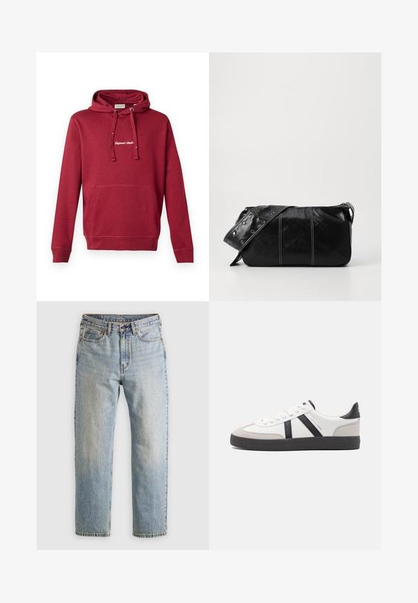 Crvena pamučna hoodie s prednjim džepom, kapuljačom s povlačnom šniranjem, rebrastim manžetama i izvezenim logotipom "Originals Studio" na prsima.; Svijetloplave traperice visoki struk, prednji gumb, zatvarač i dizajn s pet džepova, položene ravno na neutralnoj pozadini.; Bijele tenisice s crnim i sivim detaljima, s teksturiranim sivim zaštitnikom prstiju, crnim gumene potplate i ravnim bijelim vezicama. Čist dizajn, minimalistički stil.; Crna kožna torba preko ramena s zatvaranjem na patentni zatvarač, s teksturiranim tijelom, bijelim šavovima i remenom sa srebrnim okovima.