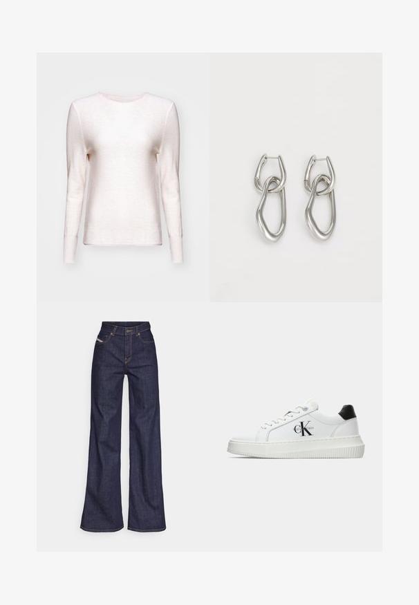 Világos rózsaszín, hosszú ujjú pulóver strukturált anyagból. Kerek nyakú, bordás részletekkel, puha tapintású és szűkített ujjakkal.; Sötétkék, bő szárú farmernadrág, magas derékkal, narancssárga varrással, öt zsebes kialakítással és gombos zárással.; Fehér alacsony szárú edzőcipő fekete saroktabbal, platform talppal, fűzőkkel és Calvin Klein "CK" logóval az oldalán.; Calvin Klein STATEMENT LINKS - Fülbevalók - silver-coloured