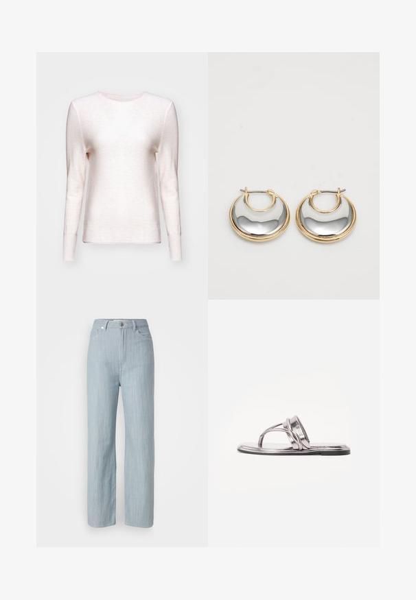 Lys rosa langermet genser laget av teksturert stoff. Rund hals med ribbestrikkede detaljer, myk finish og tettsittende ermer.; Lys blå rett ben jeans laget av denim. Har fem lommer, en metallknapplukking og subtil slitasje for tekstur.; Metallisk sølvflatsandal med en buet stroppdesign og en tynn såle. Har en tå-løkke og en minimalistisk estetikk.; Små hoops med gullkant og en blank, reflekterende sølvfarge på innsiden, vist side om side på en hvit bakgrunn.