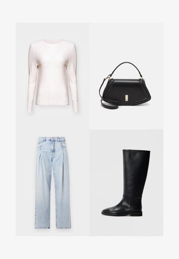 Maglione lungo a maniche lunghe di colore rosa chiaro realizzato in tessuto testurizzato. Collo rotondo con dettaglio a costine, finitura morbida e maniche aderenti.; Jeans in denim azzurro chiaro con vita alta, taglio a gamba larga, due tasche laterali e design plissettato. Texture morbida con una finitura sbiadita.; Stivale in pelle nera al ginocchio con punta arrotondata, texture liscia, design minimalista e suola piatta. Dettagli di cucitura semplici sulla gamba.; Borsa a mano in pelle nera con un design strutturato, caratterizzata da una forma corta, manico superiore e accessori in metallo dorato. Inclusa tracolla regolabile.
