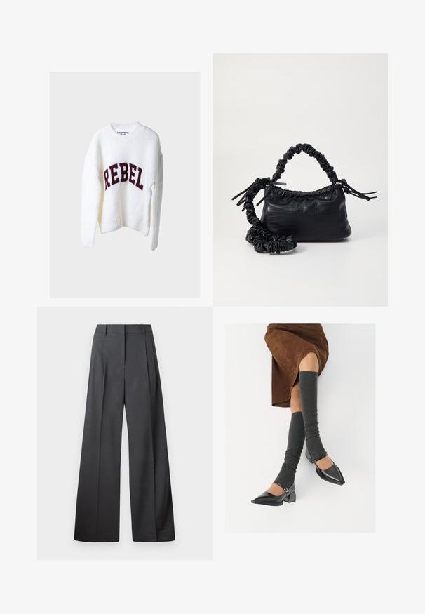 Λευκό πλεκτό πουλόβερ με στρογγυλή λαιμόκοψη και μακριά μανίκια, με την λέξη "REBEL" σε σκούρο κόκκινο πλέξιμο μπροστά.; Φαρδιά παντελόνια από σκούρο γκρι ύφασμα, με ψηλή μέση, μονές πτυχές και λεία υφή με καθαρή τελείωση στις άκρες.; Μαύρες πατεν leather γόβες με αιχμηρή μύτη, τετράγωνη φτέρνα και λουράκι αστραγάλου, συνδυασμένες με γκρι ριγέ ζεστά ποδιές και καφέ σουέντ φούστα.; Μαύρη τσάντα από faux δέρμα με υφή κροκοδείλου, κλειστή στο επάνω μέρος και με ρυτιδωμένο λουρί. Φαίνεται μαλακή και συμπαγής στο σχέδιο.