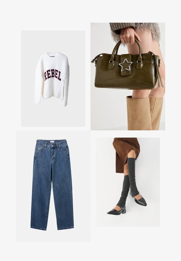 Fehér kötött pulóver kerek nyakkivágással és hosszú ujjakkal, az elülső részén sötétvörös kötött "REBEL" felirattal.; Klasszikus kék farmernadrág egyenes szárú dizájnal, öt zsebbel és gombos zárással. Közepes mosású és strapabíró textúrával rendelkezik.; Fekete lakk bőrből készült, hegyes orrú cipők, tömbsarkúakkal és bokapánttal, szürke bordás lábszármelegítőkkel és barna velúr szoknyával párosítva.; Olívazöld műbőr kézitáska ezüst csillag díszítéssel, dupla fogantyúval és cipzáros zárással. Texturált felület és formázott alak.