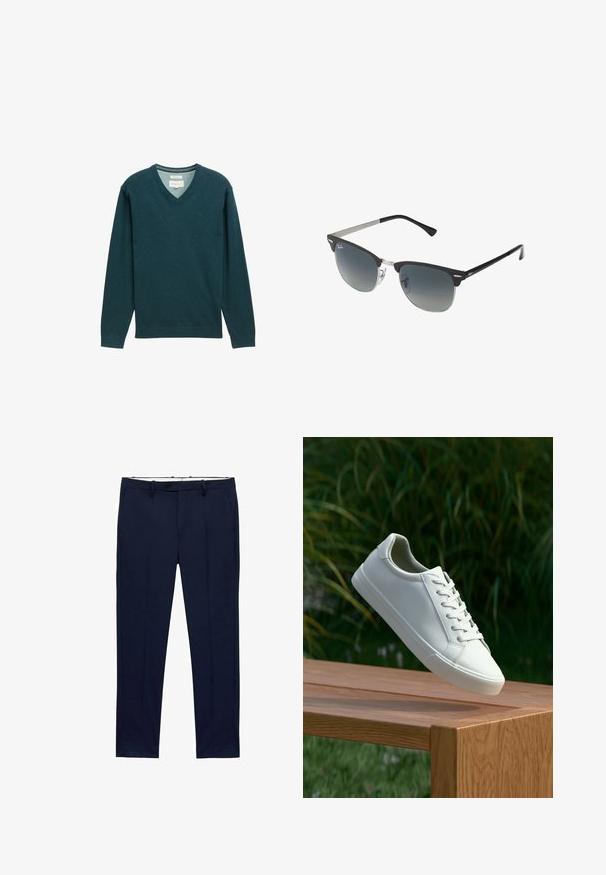 Ciemnozielony sweter w serek wykonany z miękkiego materiału; ma długie rękawy, prążkowane mankiety oraz metkę przy dekolcie dla oznaczenia marki.; Granatowe spodnie o dopasowanym kroju z prążkowanym wzorem. Posiadają zamek błyskawiczny, szlufki na pasek oraz kieszenie z przodu. Gładka faktura materiału.; Białe sneakersy sznurowane unoszące się nad drewnianą ławką z zielonymi liśćmi w tle, ukazujące wzór i teksturę buta.; Czarno-srebrne okulary przeciwsłoneczne w kształcie kociego oka, z gradientowymi soczewkami i metalowymi akcentami na oprawie. Plastikowe ramiona z szarymi końcówkami.