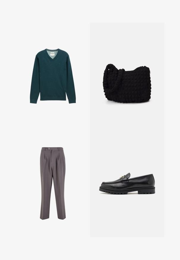 Tamsiai žalias v-kaklo megztinis, pagamintas iš minkštos medžiagos; turi ilgomis rankovėmis, raukšlėtas rankogalius ir etiketę ant kaklo, skirta žymėjimui.; Pilki plisuoti kelnės, pagamintos iš lygios medžiagos, su tiesiomis kojomis, vieno mygtuko uždarymu ir įstrižais šoniniais kišenėmis.; Juodi odiniai loaferiai su lygia apdaila, apvaliu toe, dekoratyvine juosta su auksiniu furnitūru ir tvirtu juodu padu.; Juodas audinio maišelis su tekstūruota, siuvinėta raštu. Apvalios formos, trumpi, stori rankenėlės ir minkšta, lanksti struktūra.
