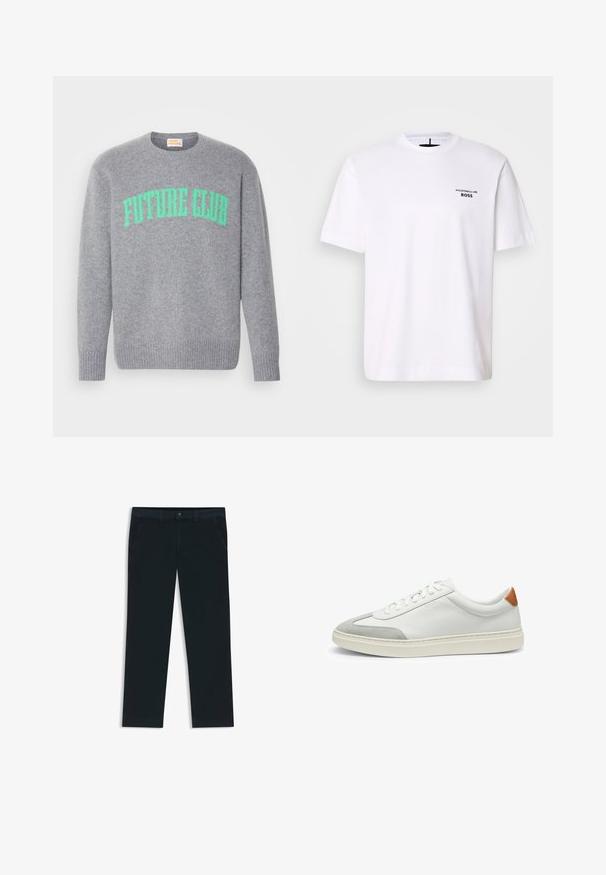 Grijze gebreide trui met geribde manchetten en zoom. Voorzien van "FUTURE CLUB" in dikke groene letters over de borst. Afgeronde halslijn.; Witte katoenen t-shirt met een ronde hals en korte mouwen, voorzien van een zwart "Porsche BOSS" logo op de linkerkant van de borst.; Donkerblauwe chino's gemaakt van een katoenmix stof. Voorzien van riemlussen, front pockets en een rits met knoopsluiting.; Witte leren sneakers met grijze suede accenten en een tan leren hieltab. Kenmerkt zich door een textuurovervlak en een lichtgewicht zool.