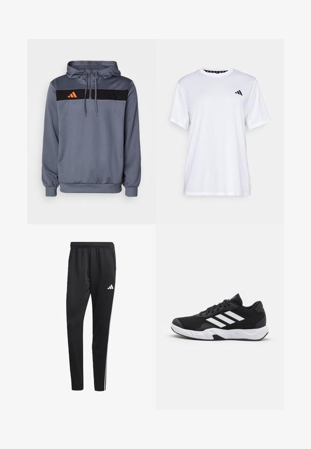 Gray hoodie made of soft fabric, featuring a black horizontal stripe and orange Adidas logo. Includes adjustable drawstrings and ribbed cuffs.; White athletic t-shirt with short sleeves, made from moisture-wicking fabric. Features a black logo on the left chest and a patterned interior neckline.; Black athletic pants with a stretchy waistband, white side stripes, and a small white logo on the thigh. Made from a smooth, lightweight material.; Black athletic shoes with a textured mesh upper, white accent stripes, a cushioned sole, and a reinforced heel for support.
