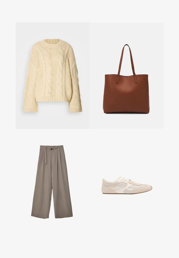Cream-colored cable-knit sweater with a round neckline and long, wide sleeves. Features textured patterns and ribbed cuffs and hem.; Wide-leg trousers in a soft, muted grey fabric, featuring a belted waist and pleats for added design detail. Smooth texture, no patterns.; Beige athletic shoe featuring a mix of mesh and suede materials, rounded toe, and laces. Textured accents on the upper enhance grip.; Brown leather tote bag with a smooth texture, open top design, and two shoulder straps. Features minimal stitching and no visible hardware.