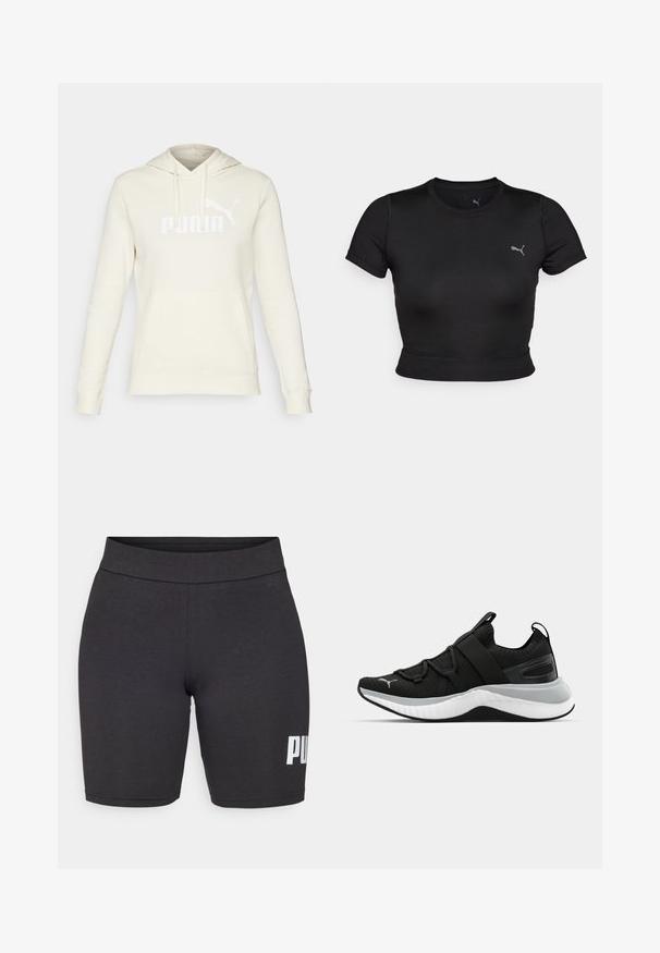 Sudadera color crema hecha de una tela suave, con un bolsillo canguro, capucha con cordón y el logo blanco de "PUMA" en la parte frontal.; Top corto negro de manga corta, hecho de un material suave y elástico, que presenta un logo sutil en el pecho y un diseño ajustado.; Pantalones cortos negros hechos de material elástico con una cintura alta, que presentan un logo blanco de "PUMA" en la parte inferior de la pierna derecha.; Zapato deportivo negro con parte superior texturizada, correas elásticas y una suela intermedia blanca gruesa. Presenta un acento gris a lo largo de la suela.