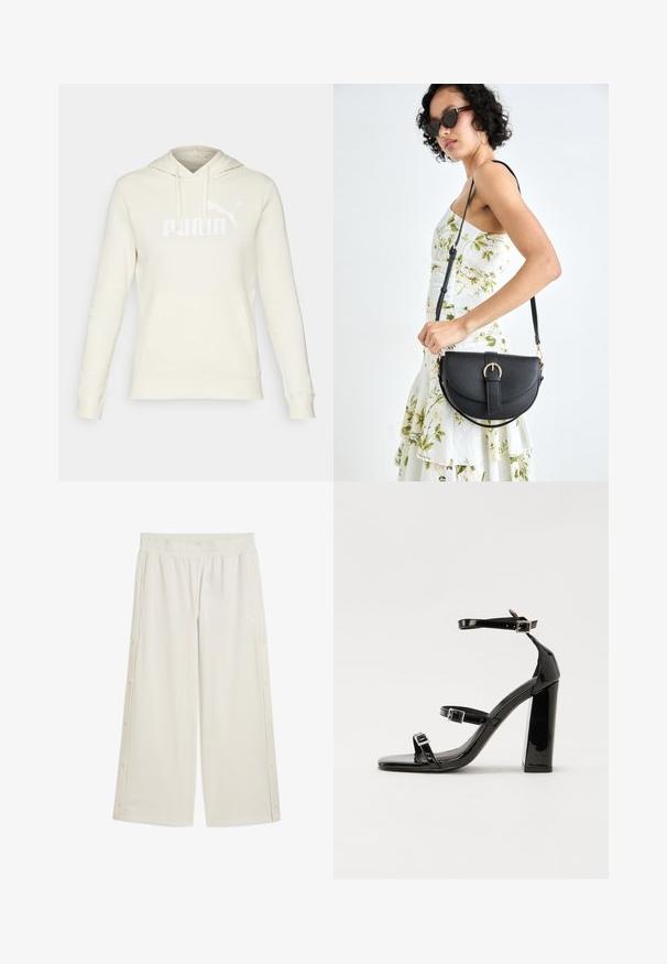 Krémová mikina s kapucňou vyrobená z mäkkého materiálu, s klokaními vreckami, sťahovacou kapucňou a bielym logom "PUMA" na prednej strane.; Béžové nohavice širokého strihu s elastickým pásom, bočnými cvokovými uzávermi a malým logom vpredu. Vyrobené z hladkého, ľahkého materiálu.; Čierne lakované sandále na podpätku so štvorcovou špičkou, navlečenými remienkami okolo členku a striebornými prackami. Disponujú masívnym blokovým podpätkom pre stabilitu.; Čierna kožená kabelka s zaobleným tvarom, odnímateľným popruhom a zlatými doplnkami. Kabelka má klopu s detailom s prackou.