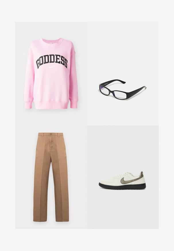 Sweatshirt rosa com a inscrição "GODDESS" em letras pretas em negrito e o logótipo da Nike em branco, punhos canelados e gola redonda. Tecido macio.; Calças de algodão castanhas com corte de perna reta, apresentando fecho de botão, passadores para cinto e costuras mínimas para um aspeto clean.; Nike Sportswear FIELD GENERAL - Sapatilhas - off-white/black; Óculos retangulares pretos com lentes transparentes. Acabamento brilhante, hastes estreitas e um tom roxo visível nas bordas das lentes.