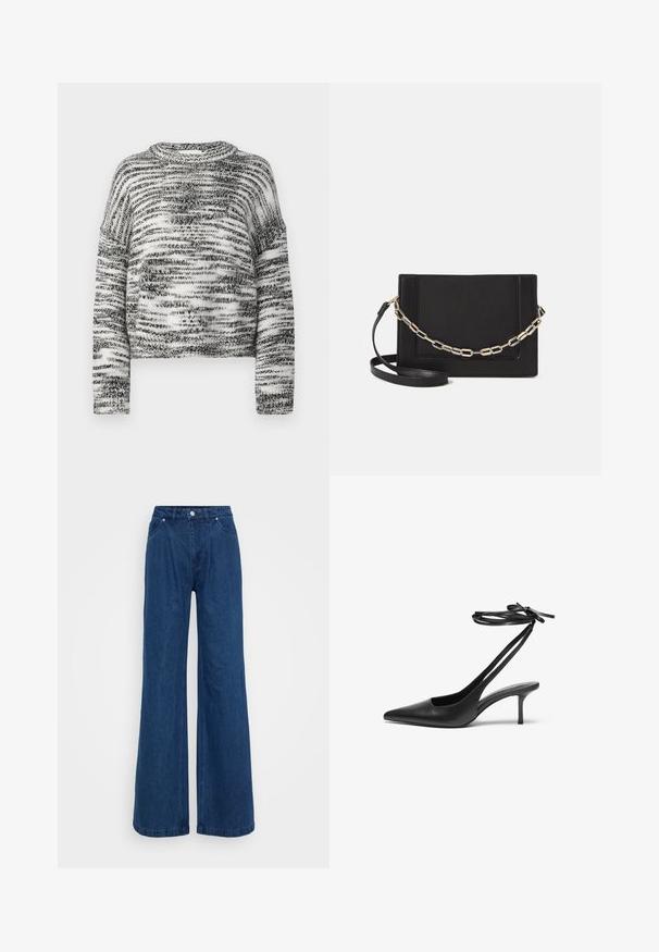 Mustrist töödega must-valge kootud sviiter ümmarguse kaelusega ja langenud õlgadega. Lühike pikkus.; Hallise jalgadega sinised denim püksid kõrge vöökohaga, ees nupuga ja tõmbluku sulguri ning ees ja taga taskutega, lihtsa tausta ees.; Must musta stiletto kingad terava ninaga, avatud seljaosa ja pahkluu rihmadega, mis on seotud kaareks. Kitsa 3-tollise kontsaga. Sile tekstuur, minimalistlik disain.; Mustast nahast õlakott, mis omab siledat tekstuuri, ristküliku kuju ning esiküljel metallketi detaili. Reguleeritav rihm on kaasas.; Hõbedane kahekordne rõngas sujuva, poleeritud pinnaga. Omab voolavat, kõverat disaini, millel on kattuvad sektsioonid, et saavutada kaasaegne ilme.
