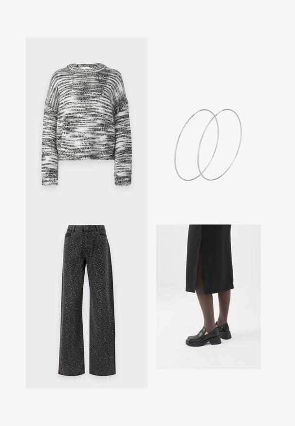 Sweter-blezer z dzianiny w czerni i bieli z teksturowanym, paskowym wzorem, okrągłym dekoltem i opadającymi ramionami. Skrócona długość.; Noisy May NMJANNEL czarny denim; Czarne skórzane buty z okrągłym noskiem, grubym blokowym obcasem i elastycznymi akcentami po bokach, zestawione z ciemnymi rajstopami i czarną spódnicą z rozcięciem.; Srebrne kolczyki w formie obręczy o minimalistycznym designie. Okrągły kształt, gładka faktura i cienki profil. Lekkie, z polerowanym wykończeniem.