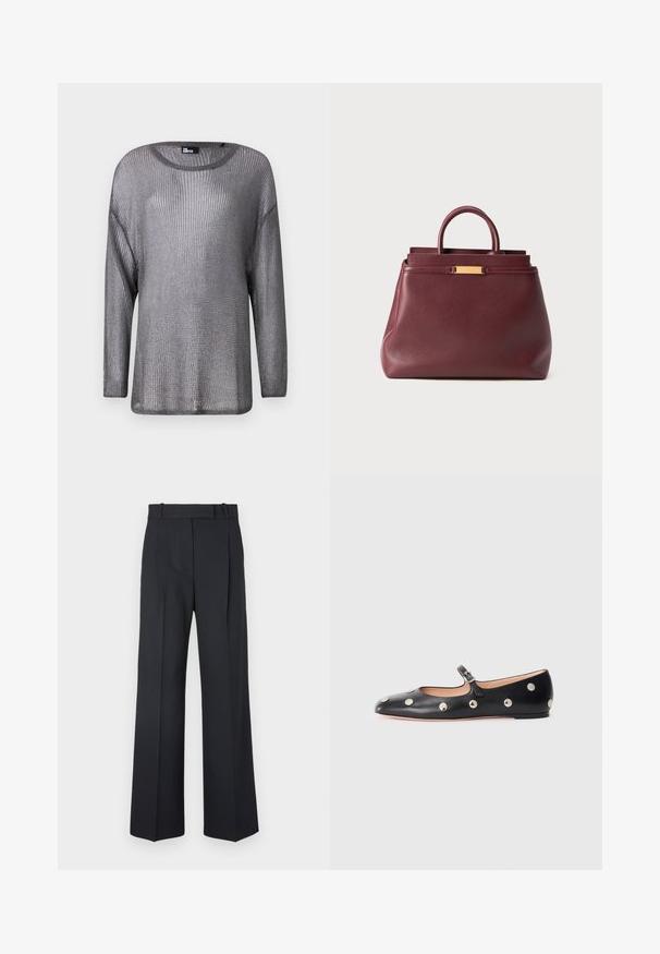 Silberner metallischer Pullover mit langen Ärmeln und offener Stricktextur. Mit weitem Ausschnitt und lockerer Passform, die ein leichtes und luftiges Design zur Geltung bringt.; Weißes Langarmhemd aus glattem Stoff, mit einem Kragen und einer Knopfleiste mit hellrosa Knöpfen.; Dunkelblaue Nadelstreifenhosen mit hoher Taille, weit geschnittenem Bein und ohne sichtbare Beschläge oder Verzierungen. Glatte Textur und taillierte Passform.; Schwarze Leder-Mary-Jane-Ballenflats mit runder Zehenform, ausgestattet mit silbernen runden Nieten und einem verstellbaren Riemen mit Schnalle.; Burgunderfarbene Leder-Handtasche mit strukturiertem Design, ausgestattet mit einem Griff an der Oberseite und goldfarbenen Akzenten. Glatte Textur ohne sichtbare Muster.