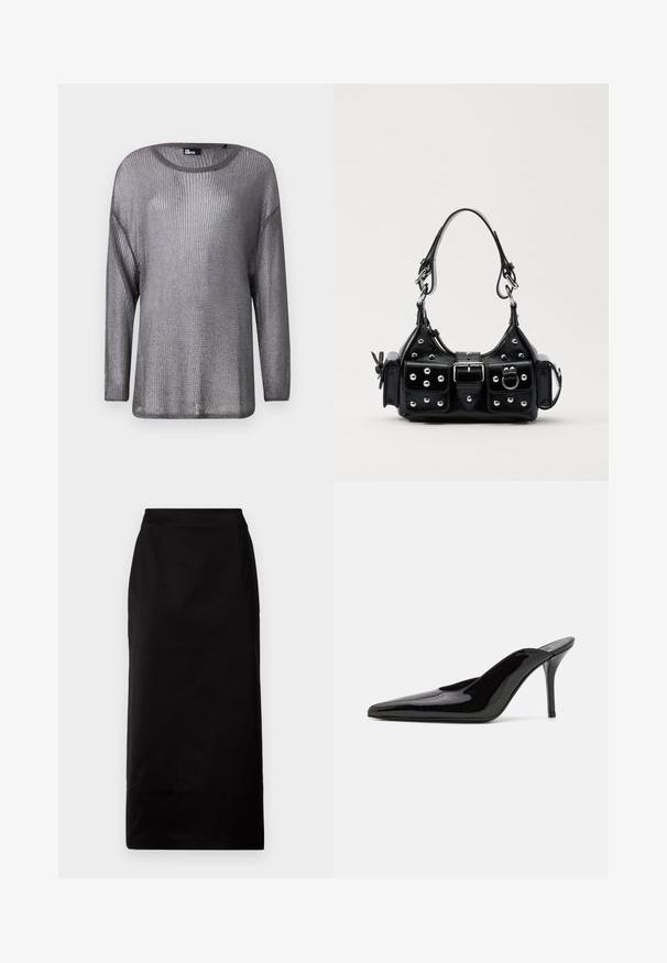 Silver metallic long-sleeve sweater with open knit texture. Features a wide neckline and relaxed fit, showcasing a lightweight and airy design.; Black knee-length skirt with a straight shape, made from a smooth fabric. Features two side pockets and a clean waistband design.; Black patent leather high-heeled mule with a pointed toe and a sleek silhouette, featuring an open back and a slender stiletto heel.; Black leather handbag with a curved design, featuring silver studs, a buckle, and two side pockets. Adjustable strap for carrying options.