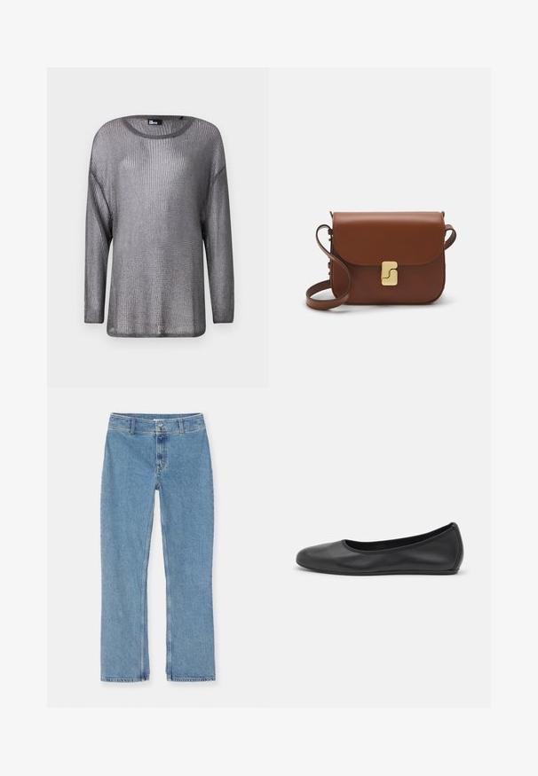 Srebrny metaliczny sweter z długim rękawem o otwartej strukturze dzianiny. Posiada szeroką linię dekoltu i luźny krój, co podkreśla lekki i przewiewny design.; Biała koszulka krótki rękaw wykonana z materiału prążkowanego. Okrągły dekolt, regularny krój i subtelne detale szwów. Bez wzorów ani grafik.; Jasnoniebieskie dżinsy z prostymi nogawkami, zapinane na guzik i zamek, z paskami do pasa oraz standardowym szwem na białym tle.; Czarne skórzane baletki z zaokrąglonym noskiem, gładką fakturą, minimalnymi przeszyciami i elastycznym designem podeszwy.; Brązowa skórzana torebka na ramię z klapką, złotymi detalami, paskiem na ramię i gładką teksturą. Kompaktowy prostokątny kształt.